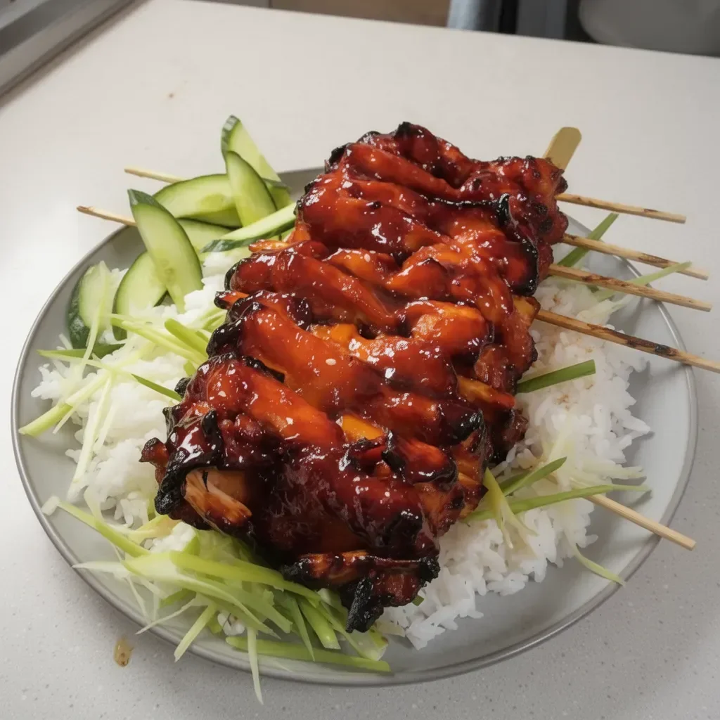 Delicious Korean BBQ chicken skewers on a grill garnished with veggies
