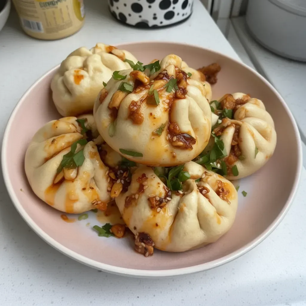 Korean Chicken Steamed Bao Buns served on a plate