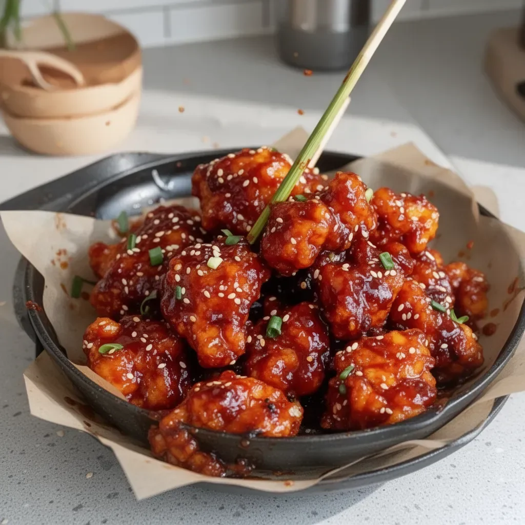 Delicious Korean Fried Chicken served with side sauces and garnishes.
