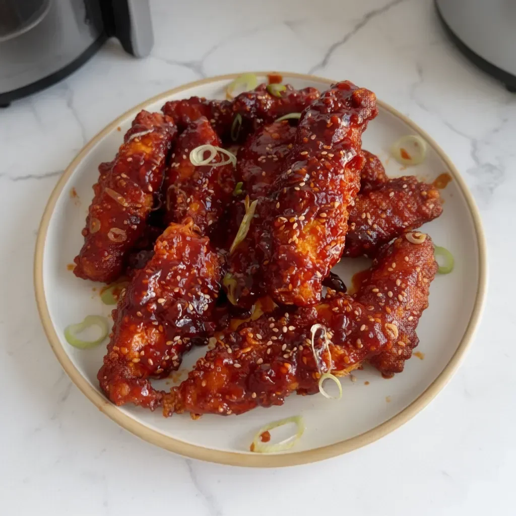 Delicious Korean Fried Chicken cooked in an air fryer, crispy and flavorful.