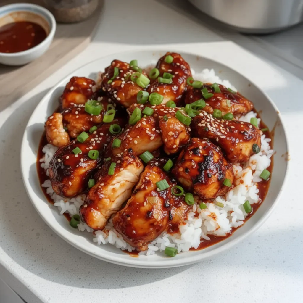 Delicious plate of Korean Gochujang Chicken with vibrant vegetables