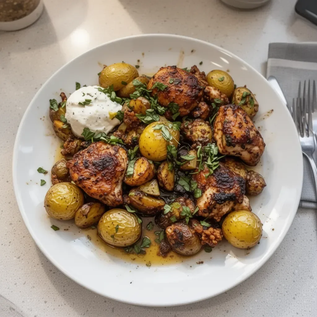 Juicy Lemon Balsamic Chicken served with roasted potatoes