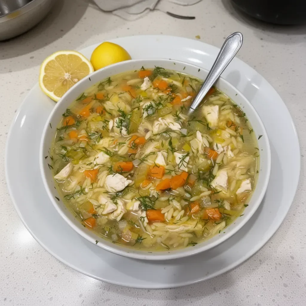 Bowl of delicious Lemon Chicken Orzo Soup garnished with fresh herbs