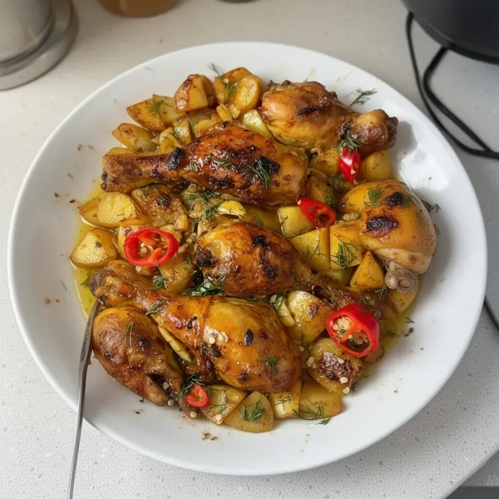 Lemon garlic chicken served on a plate with herbs and lemon slices