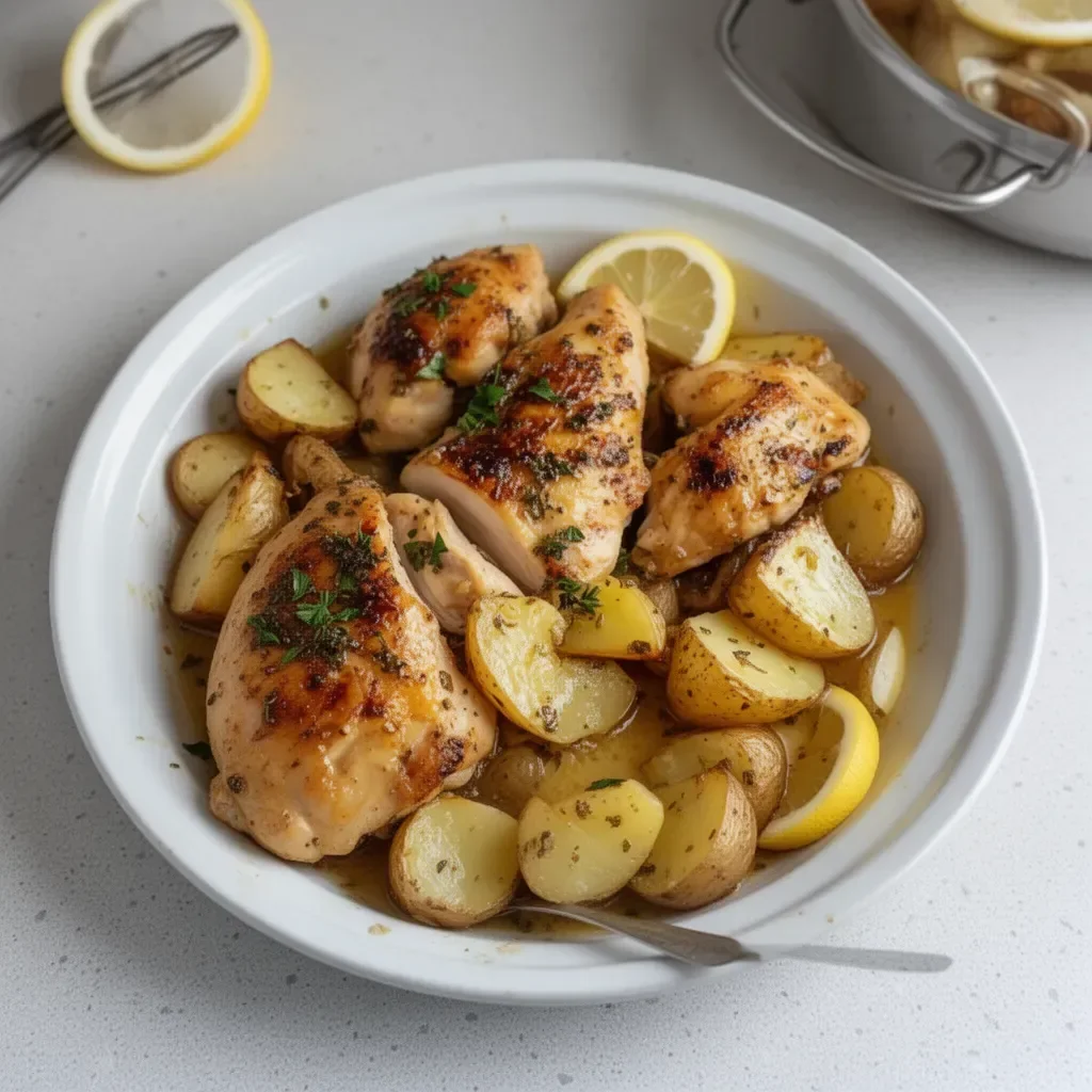 Lemon Greek Chicken with Potatoes served on a plate