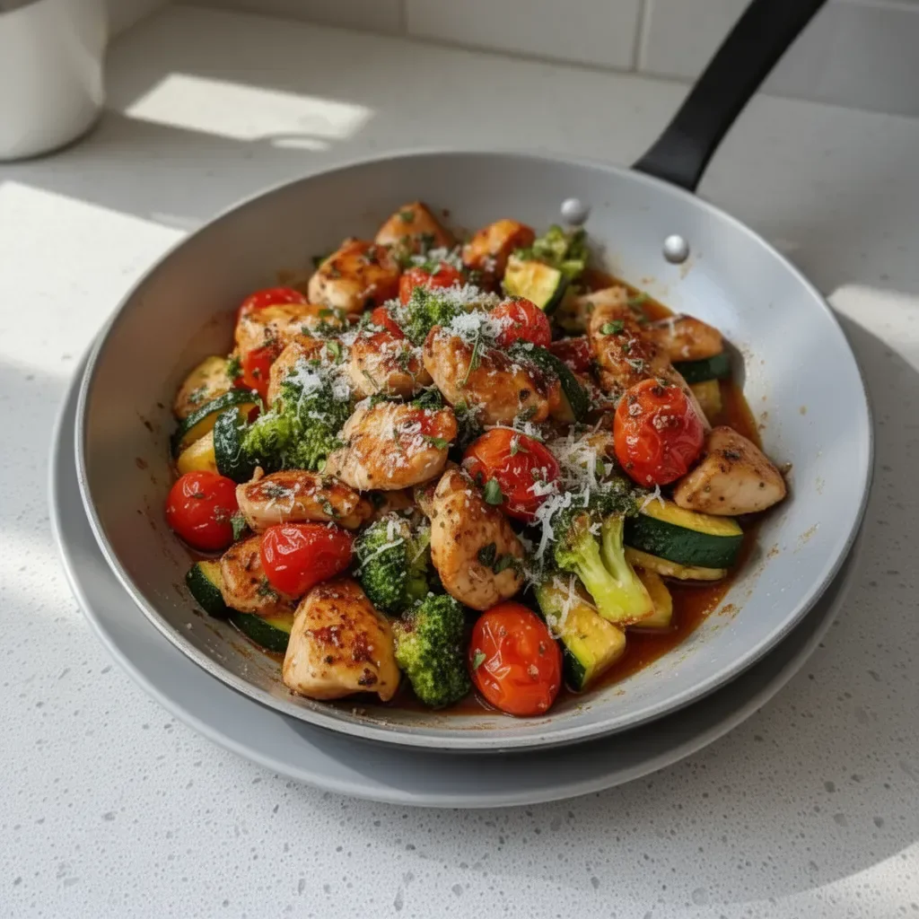 Loaded Chicken and Veggie Skillet with colorful vegetables in a pan