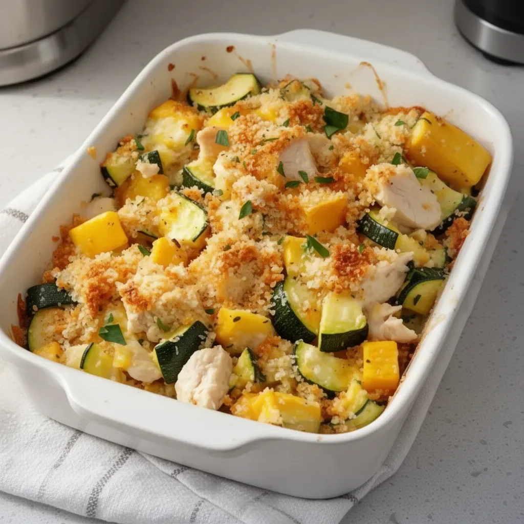 Low carb rotisserie chicken zucchini casserole dish with cheese and veggies