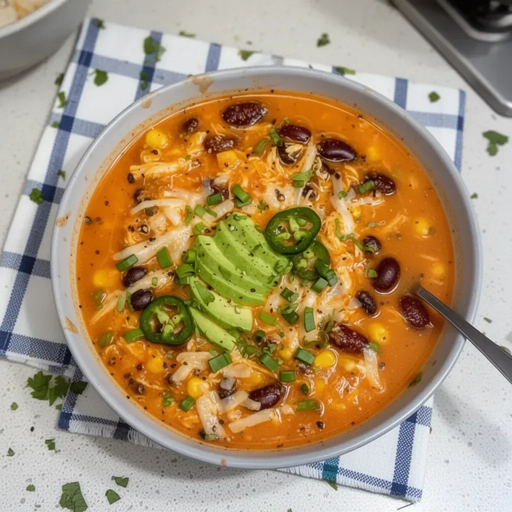 Bowl of low fat chicken enchilada soup garnished with cilantro and lime