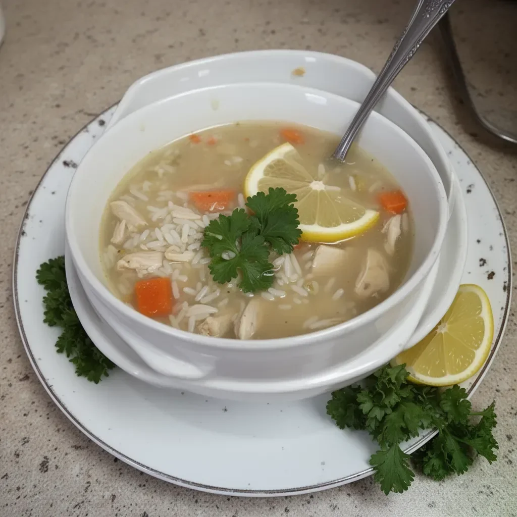 Low-fat Greek lemon chicken soup with rice in a bowl