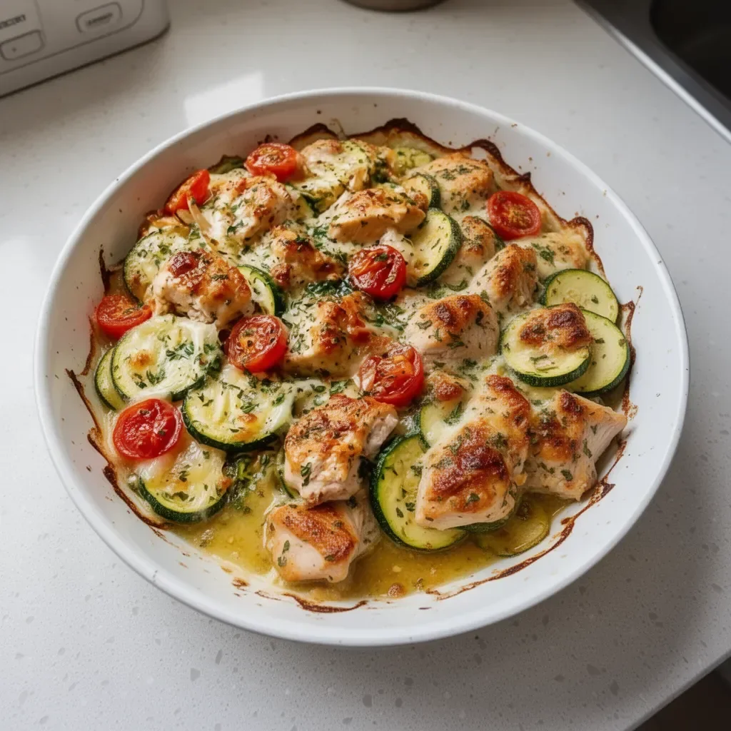 Baked Mediterranean Chicken with Zucchini and colorful vegetables