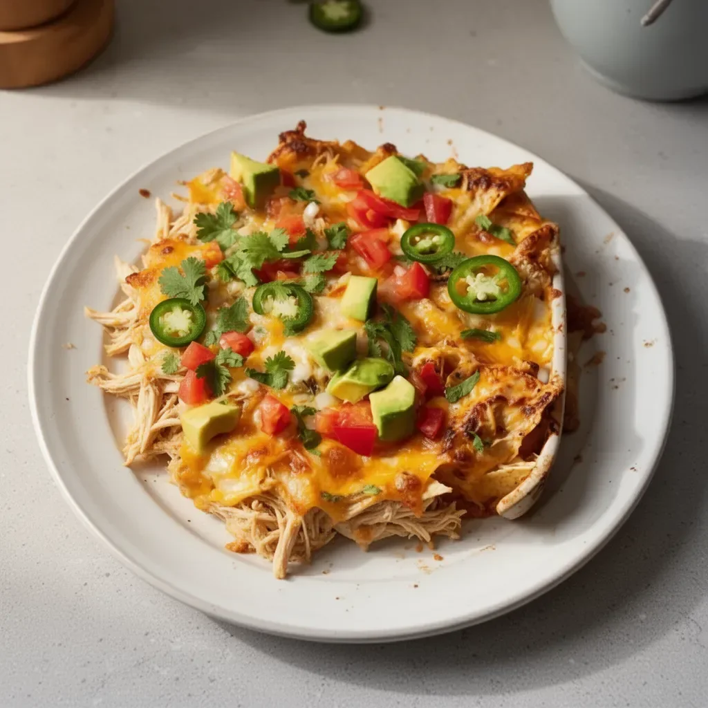 Delicious Mexican chicken casserole topped with cheese and fresh ingredients