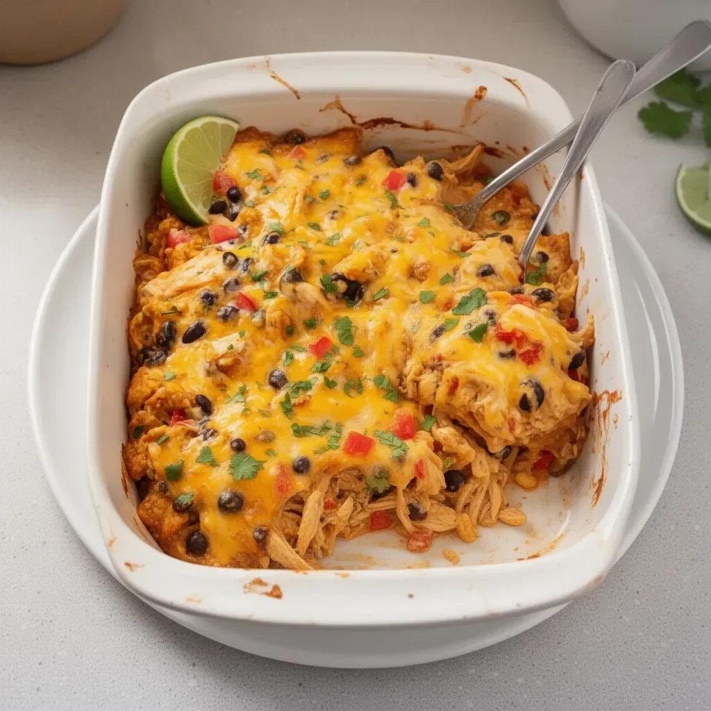 Delicious Mexican chicken casserole topped with cheese and spices