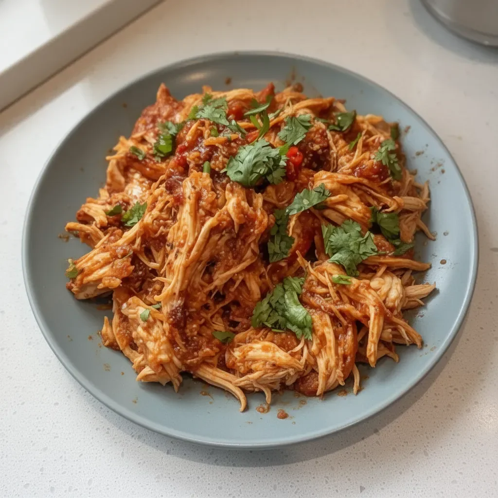 Delicious Mexican shredded chicken served in a taco with fresh toppings.