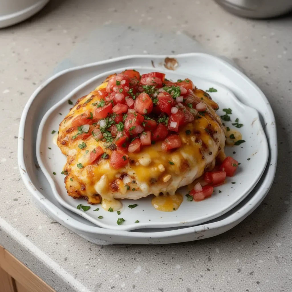 Delicious plate of Monterey chicken with cheese, peppers, and spices.