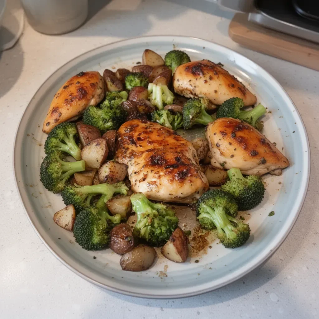 One pan chicken and broccoli dish ready to serve on a plate