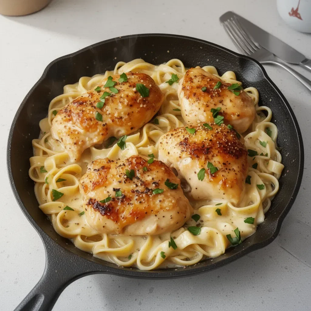 One-pan chicken with buttered noodles, a quick and tasty dinner option.