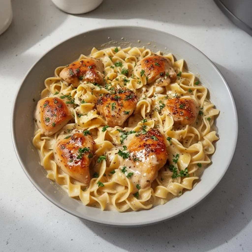 One-Pan Creamy Garlic Butter Chicken with Egg Noodles dish