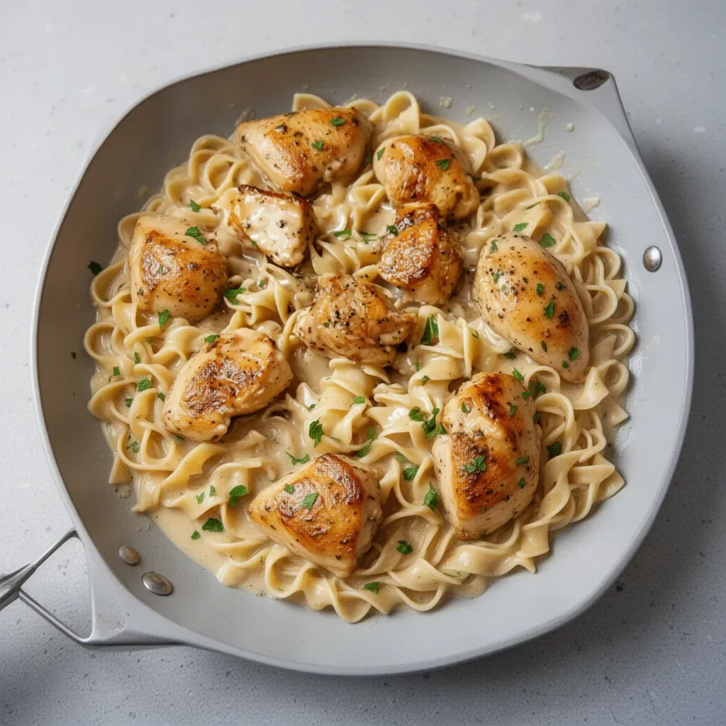 One-Pan Creamy Garlic Butter Chicken served with Egg Noodles