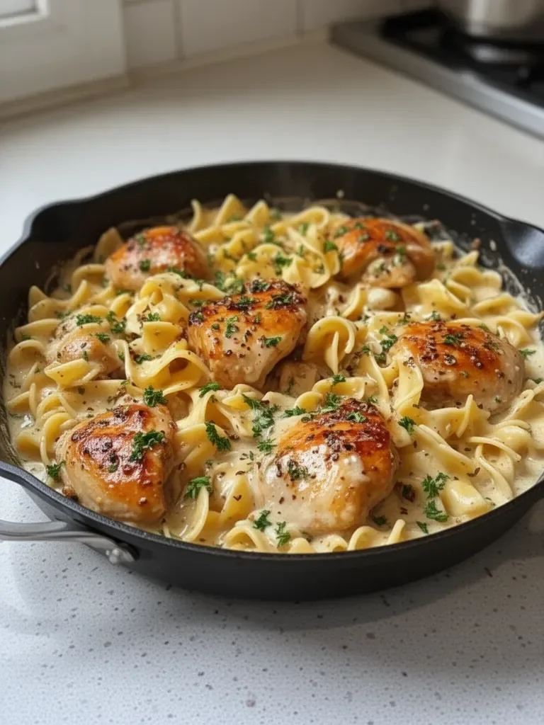 One-Pan Creamy Garlic Butter Chicken with Egg Noodles