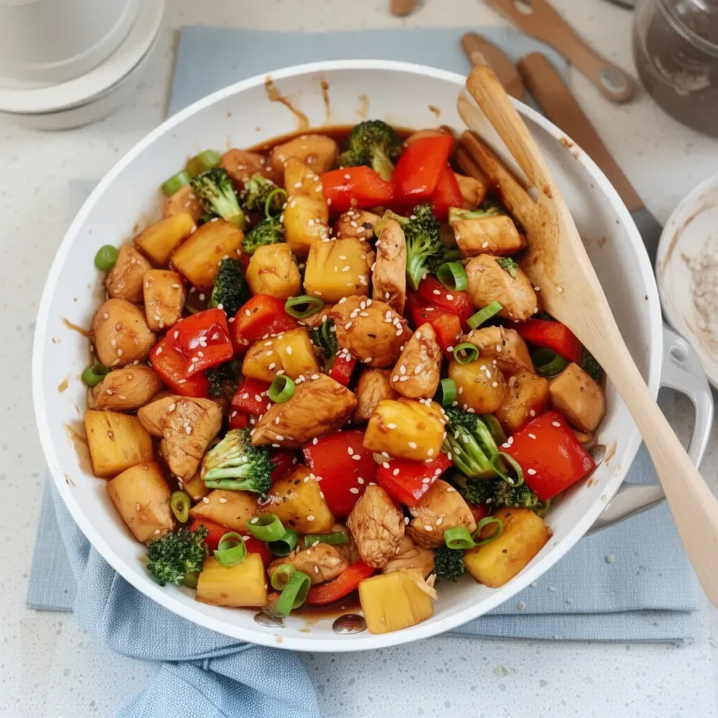 One Pan Pineapple Teriyaki Chicken served on a plate with fresh vegetables.