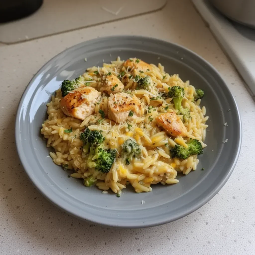 One-pot cheesy chicken and broccoli orzo served in a bowl with a creamy sauce
