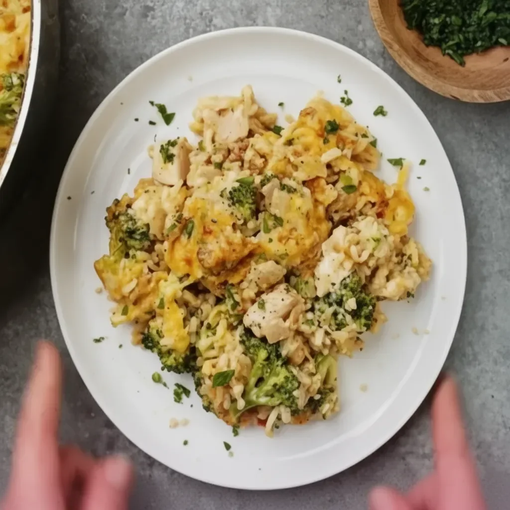 One Pot Chicken Broccoli Rice Casserole ready to serve in a bowl