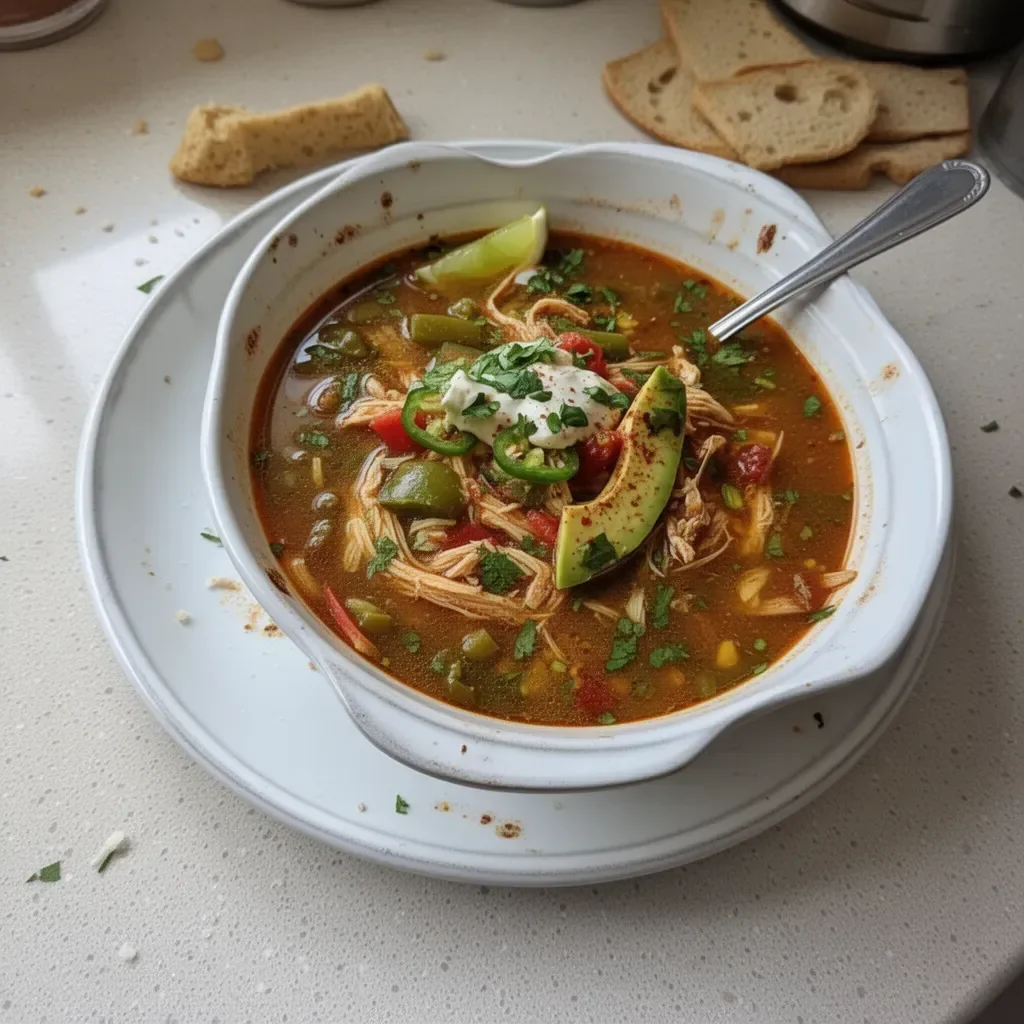Bowl of Poblano Chicken Tortilla Soup topped with tortilla strips and cilantro