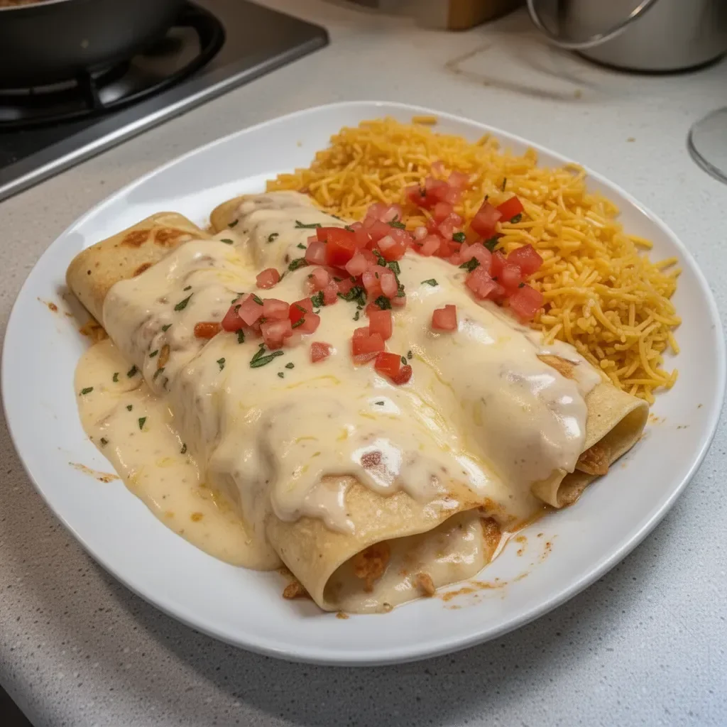Delicious queso chicken enchiladas topped with creamy sauce on a plate