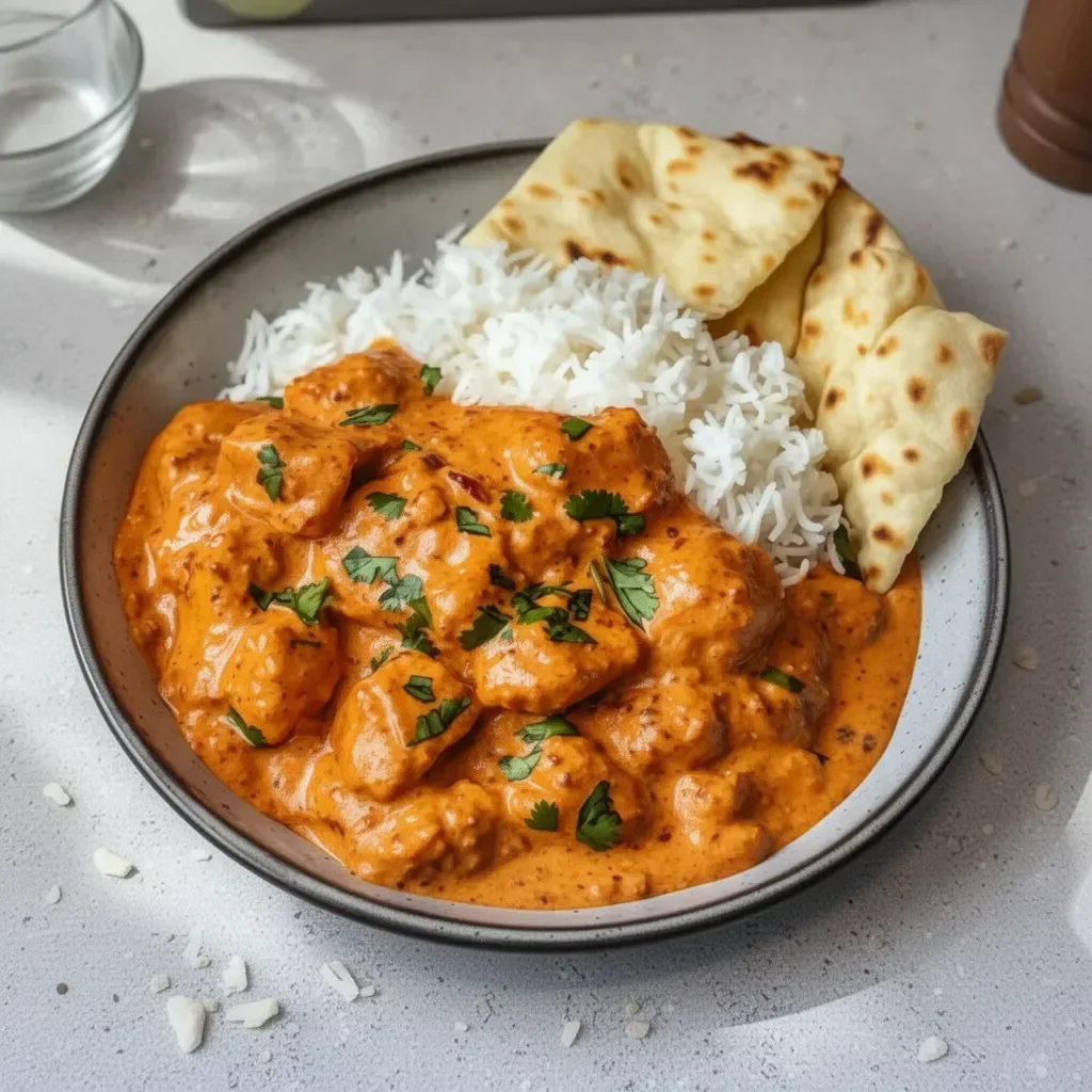Delicious homemade butter chicken served with rice and garnished with cilantro.