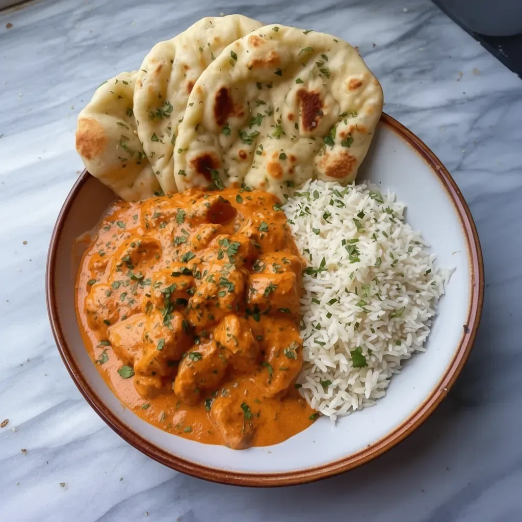 Delicious homemade butter chicken served with rice and garnished with cilantro