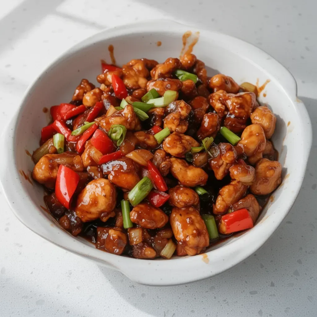 Quick and easy Kung Pao Chicken served in a bowl with vegetables and peanuts.