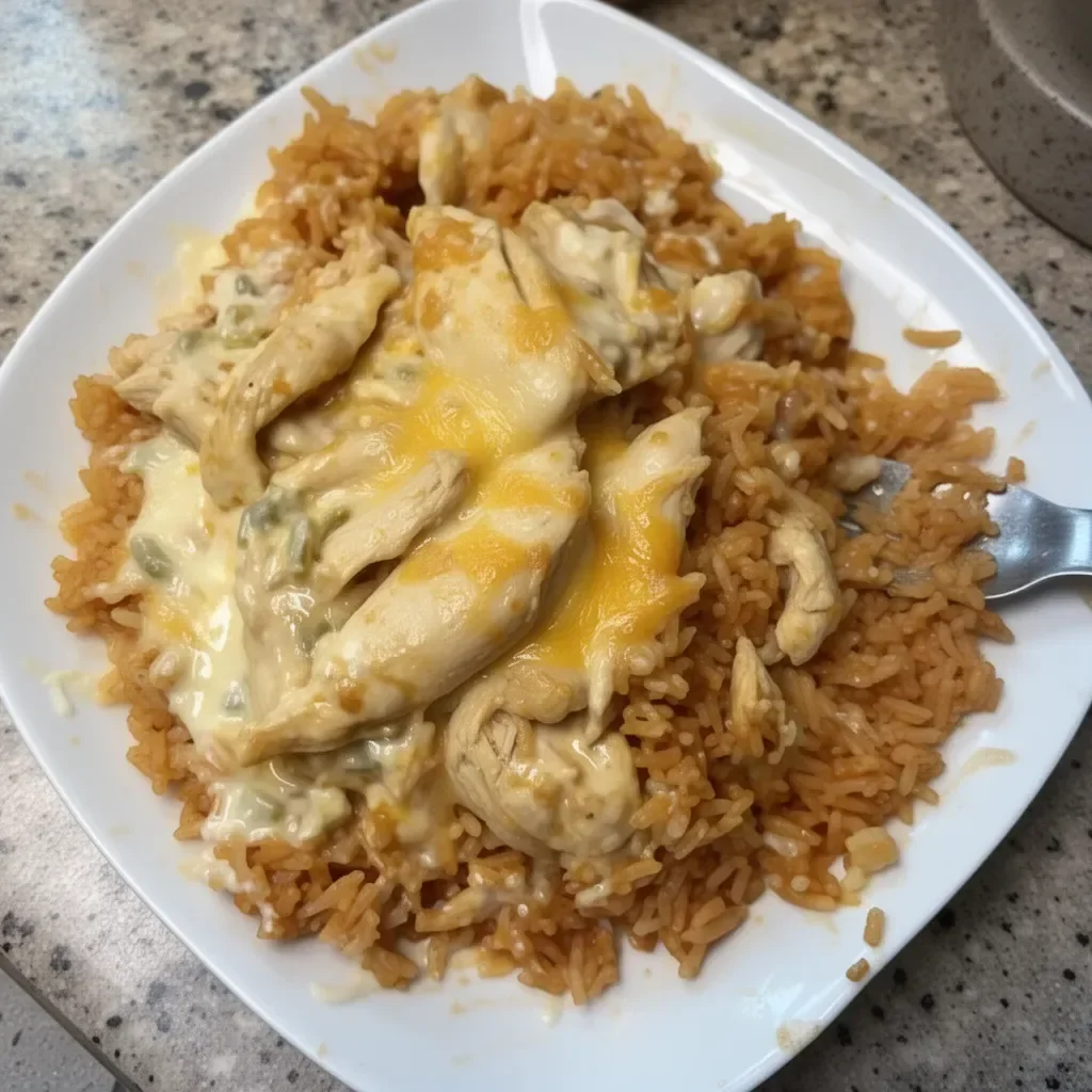 Cheesy chicken and rice dish served in a bowl, garnished with herbs.