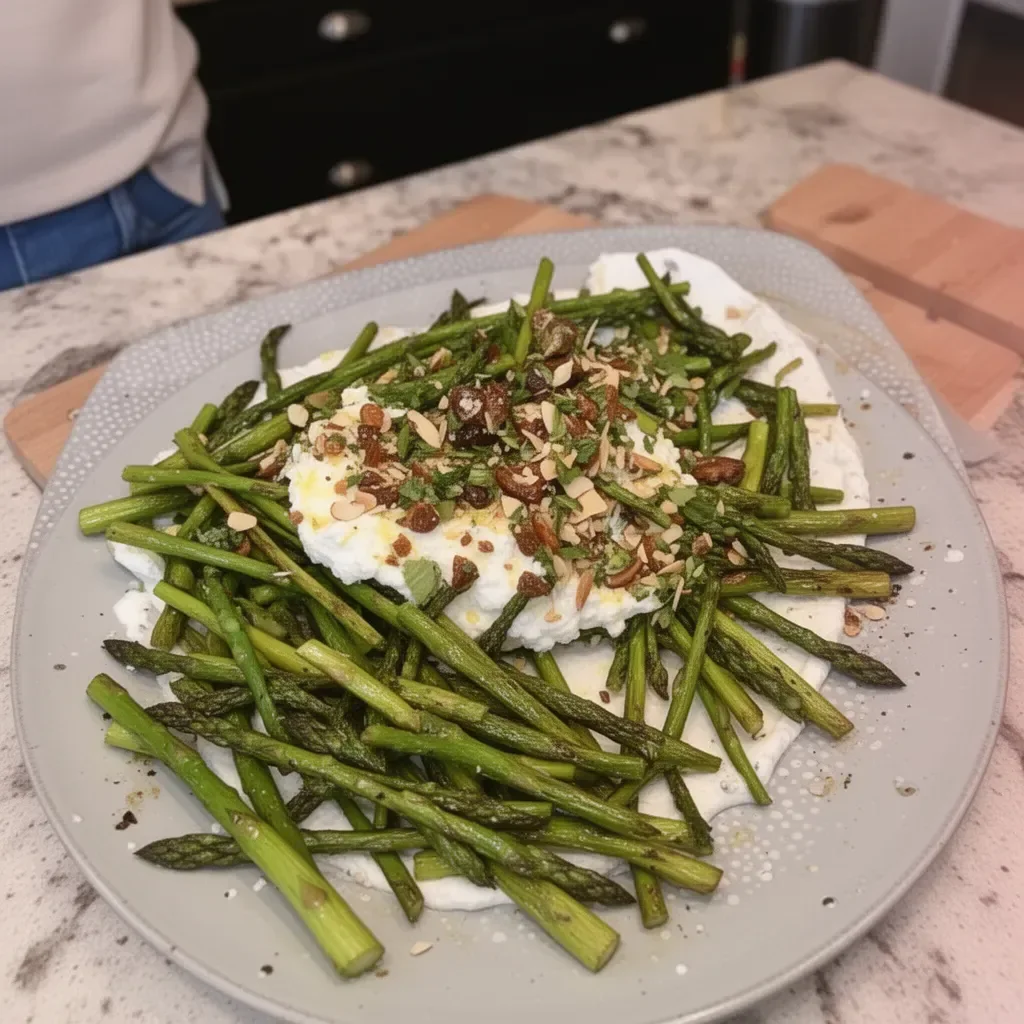 Plate of roasted asparagus with lemon ricotta and almond date crunch.
