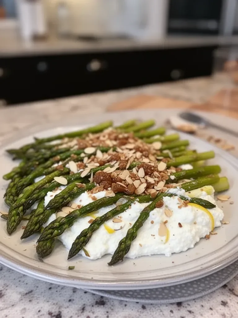 Roasted Asparagus with Lemon Ricotta and Almond Date Crunch