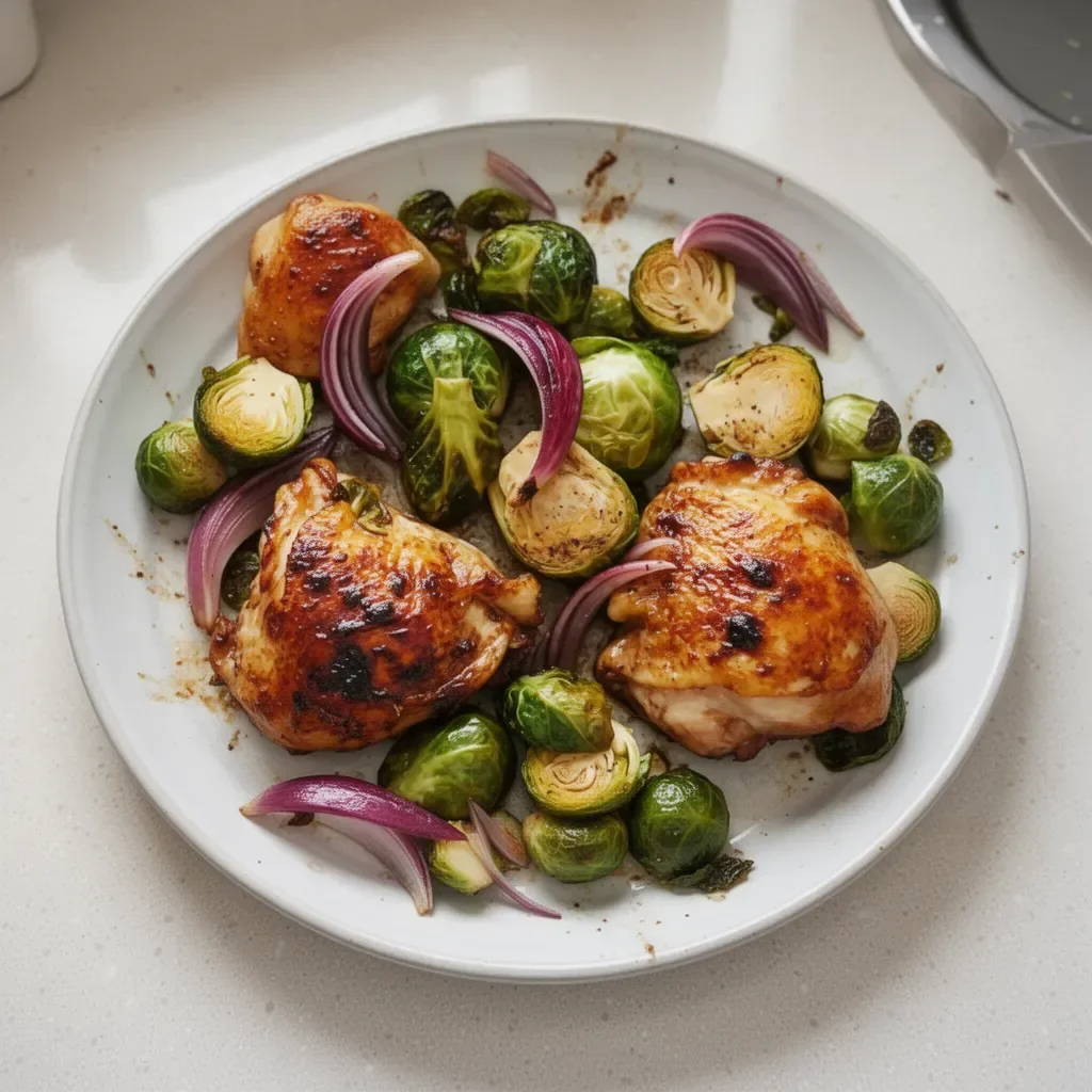 Roasted chicken with Brussels sprouts served on a plate
