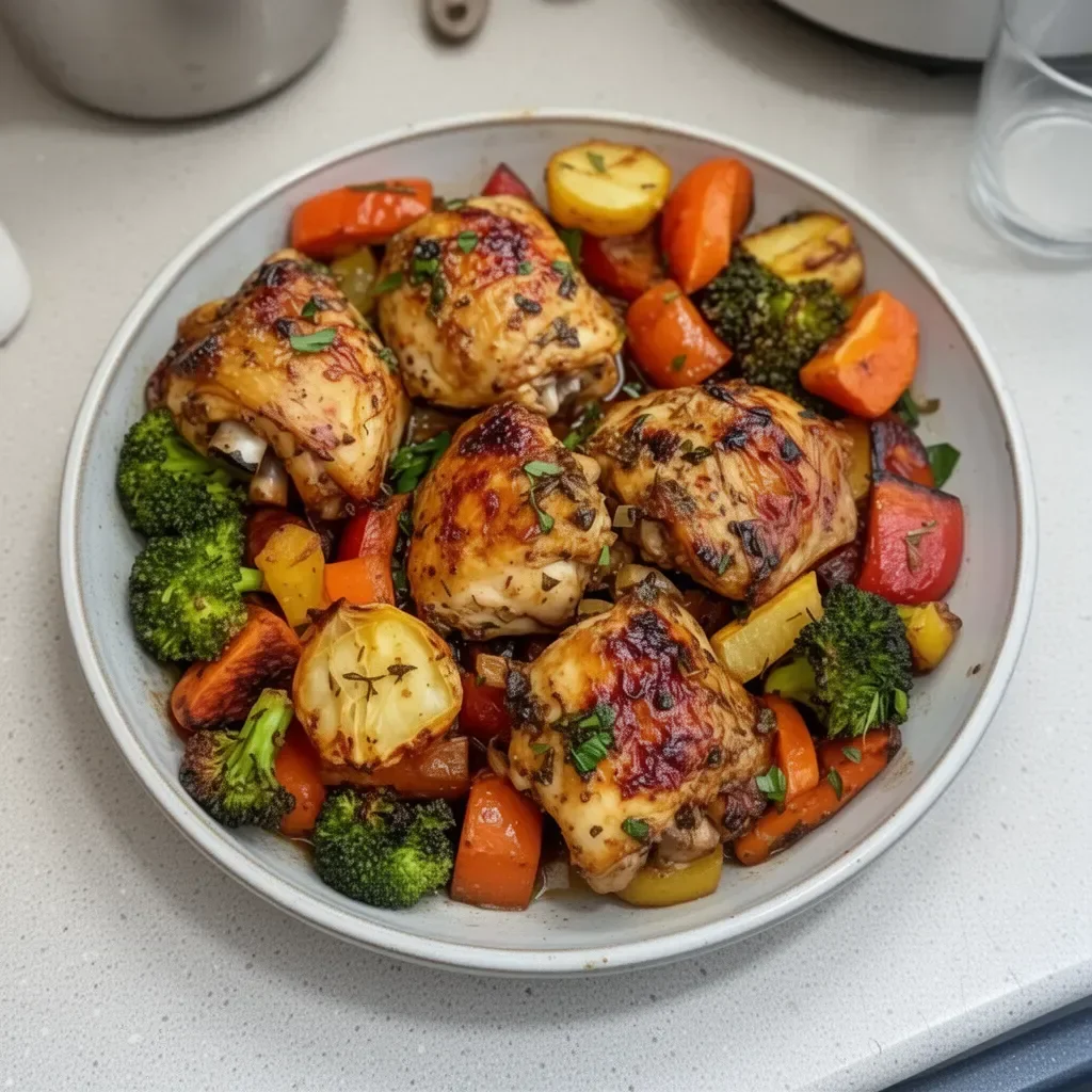 Delicious roasted garlic chicken served with seasonal vegetables
