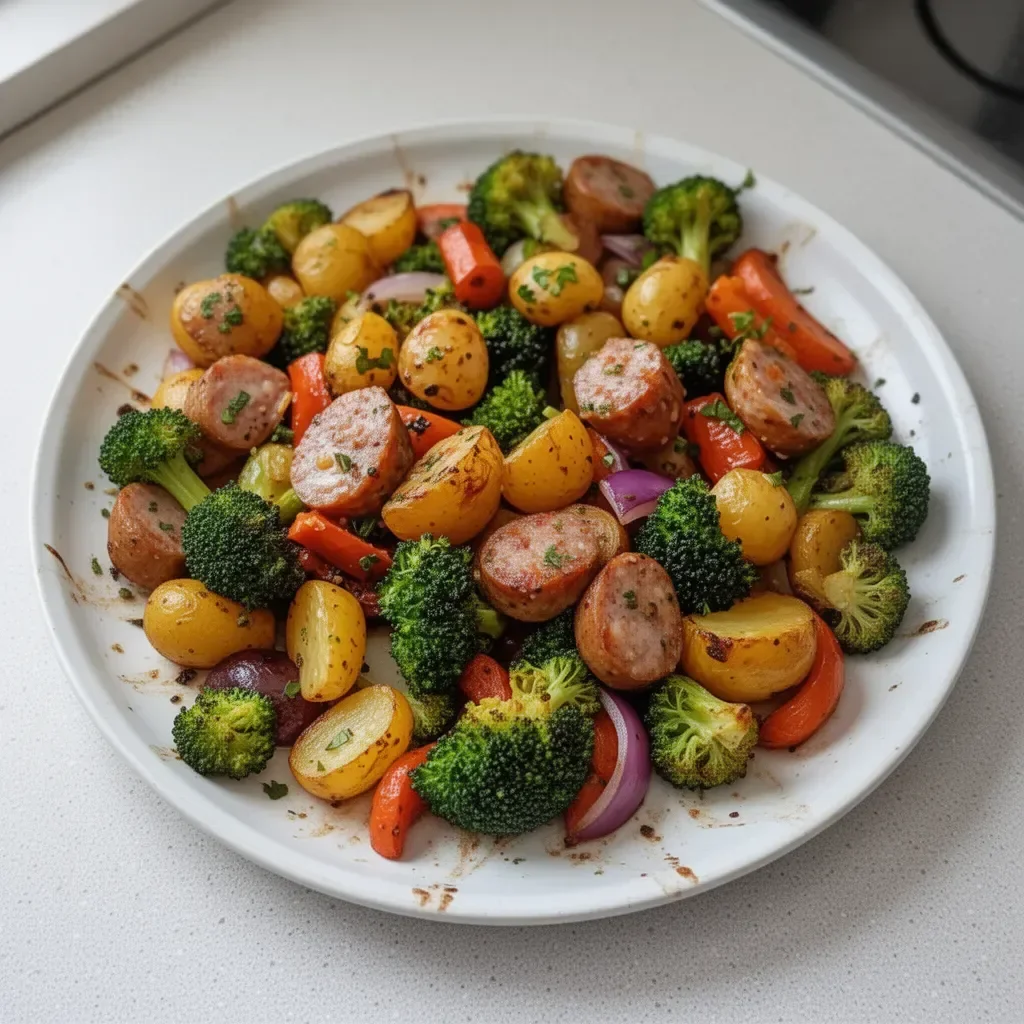 Sheet pan of roasted veggie chicken sausage with colorful vegetables