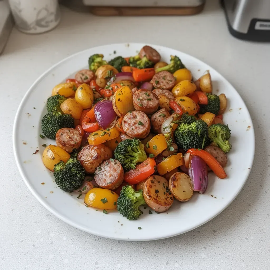 Roasted Veggie and Chicken Sausage Sheet Pan Dinner on a baking sheet