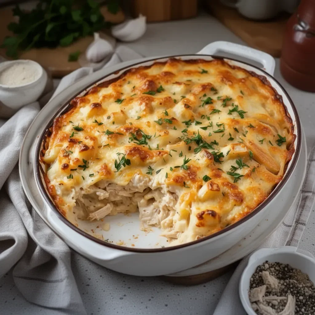 Delicious rotisserie chicken casserole topped with cheese and herbs