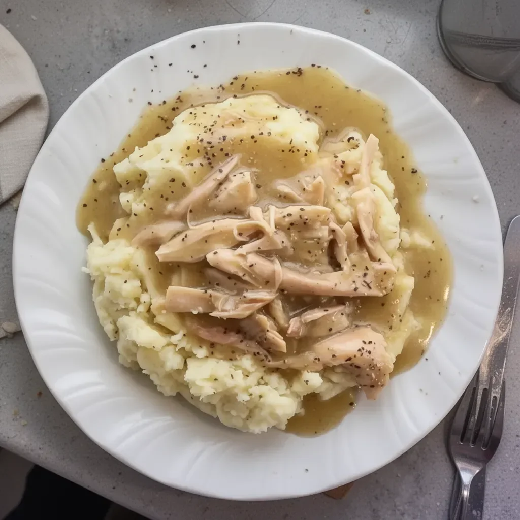 Homemade rotisserie chicken gravy served over tender chicken with herbs.