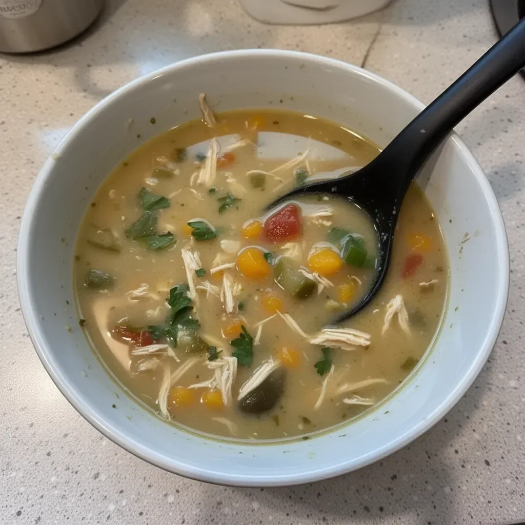 Bowl of Santa Fe Green Chile Chicken Soup with green chiles and chicken pieces