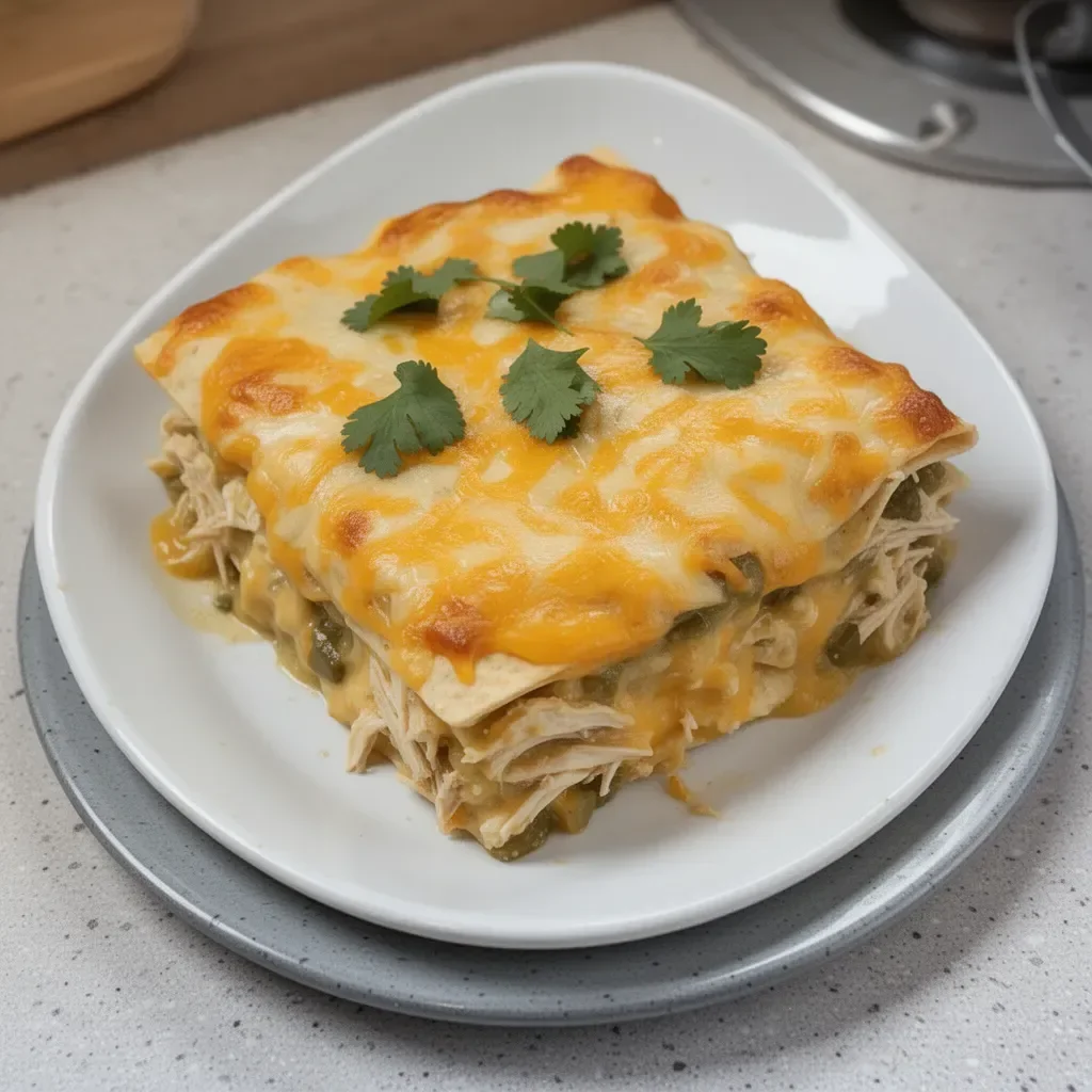 Delicious Green Chile Chicken Enchilada Casserole served in a baking dish