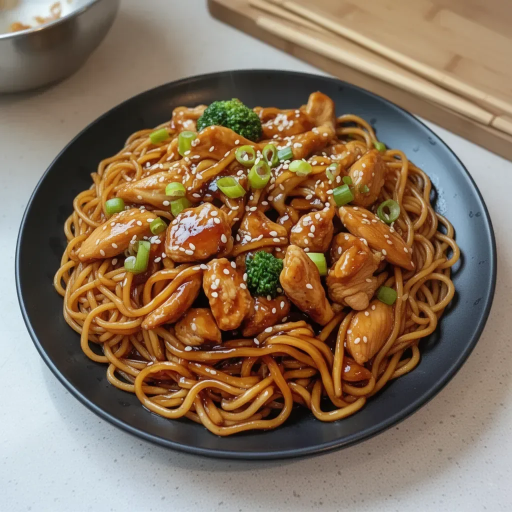 Delicious bowl of Chicken Teriyaki Noodles topped with green onions and sesame seeds.
