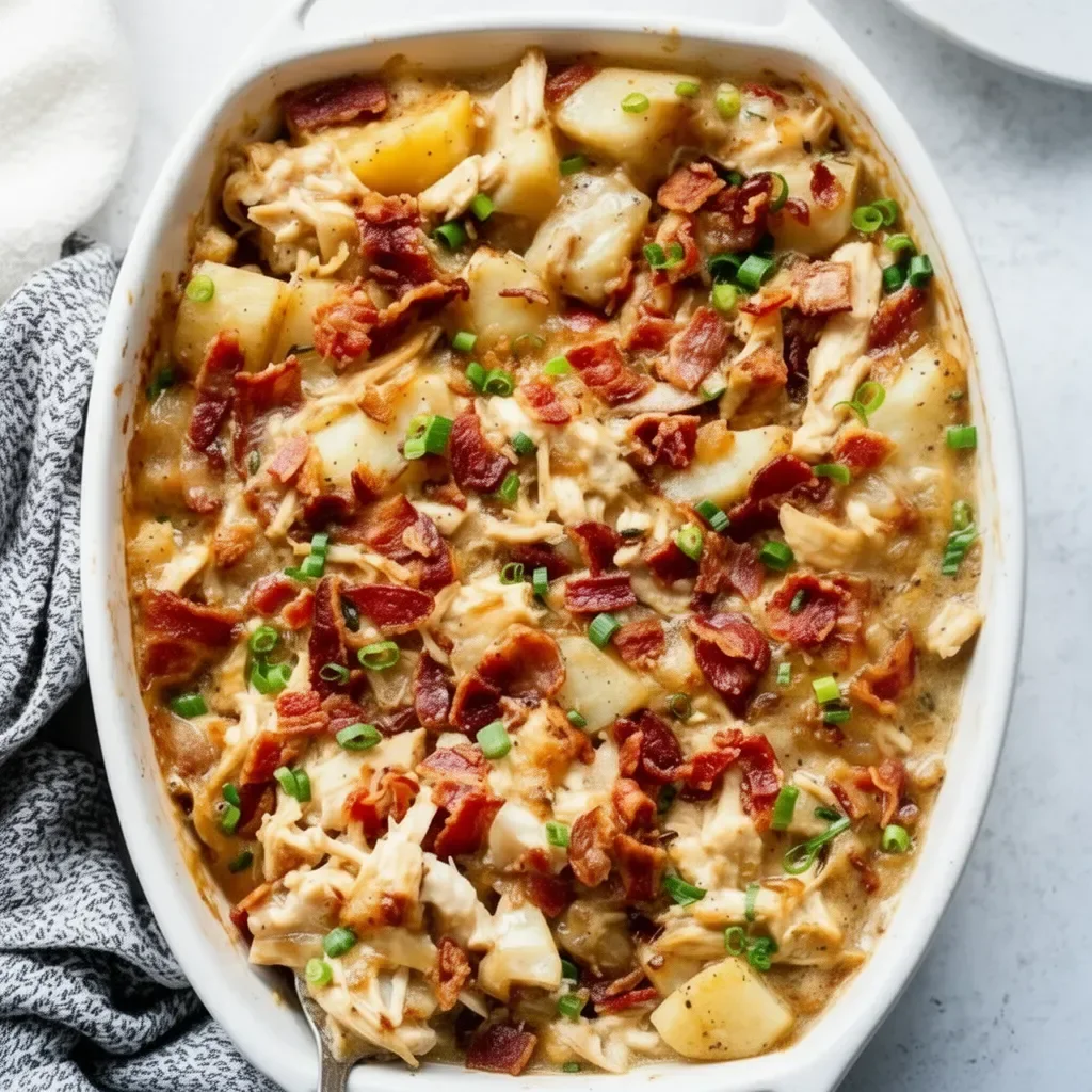 Savory creamy chicken potato casserole served in a baking dish