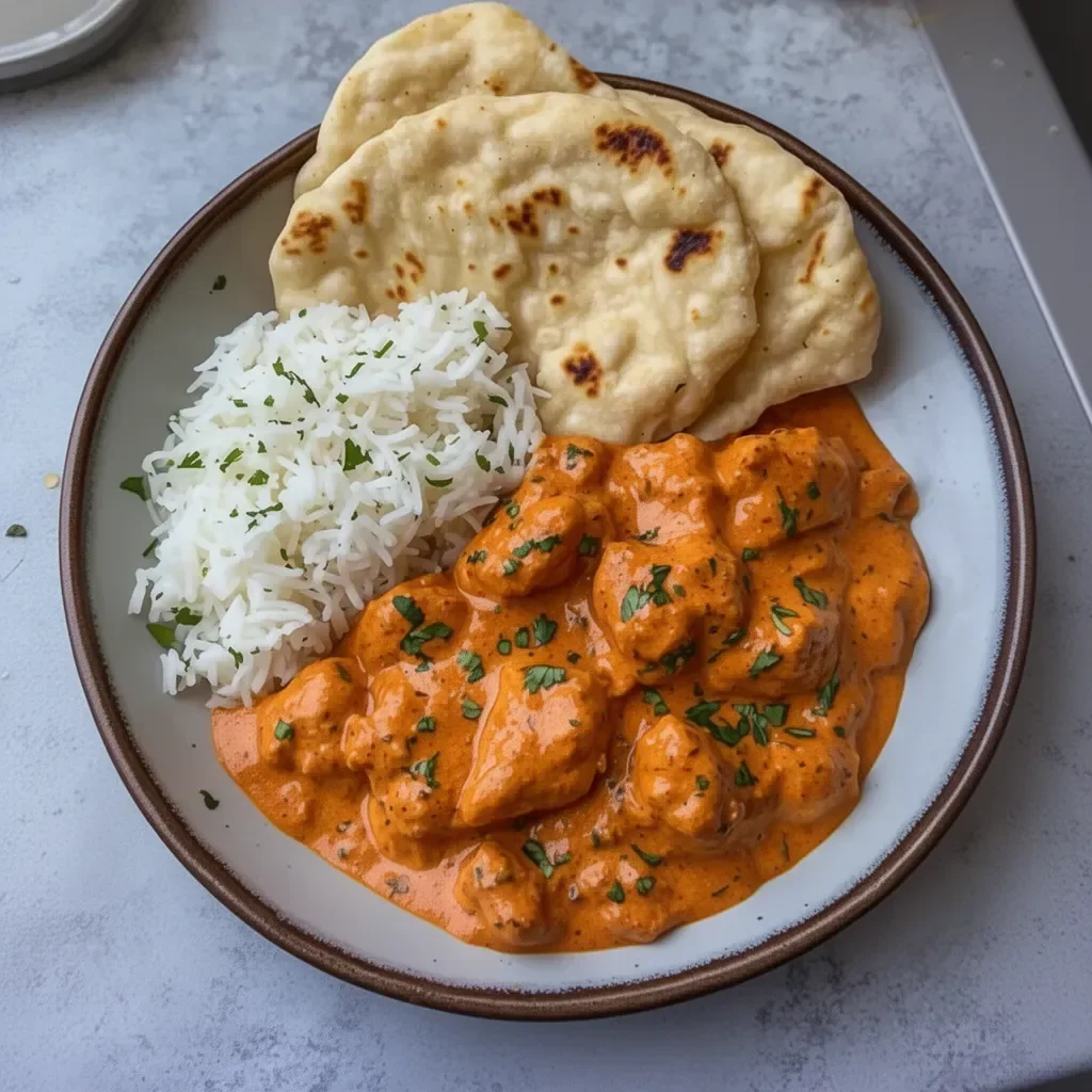 Plate of homemade butter chicken garnished with herbs and served with rice.