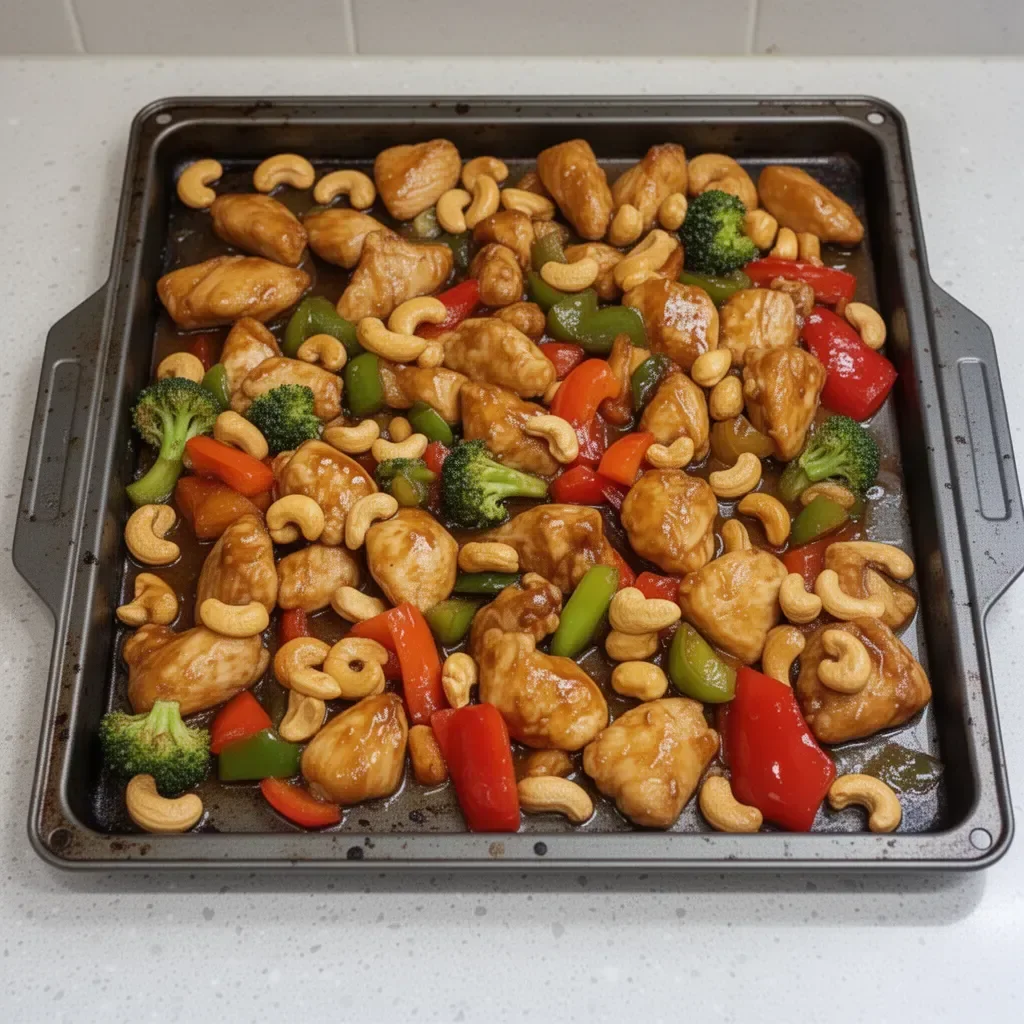 Savory sheet pan cashew chicken ready for an effortless dinner