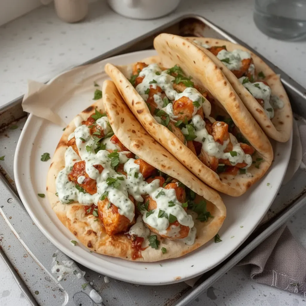 Savory sheet pan chicken pitas topped with herby ranch dressing