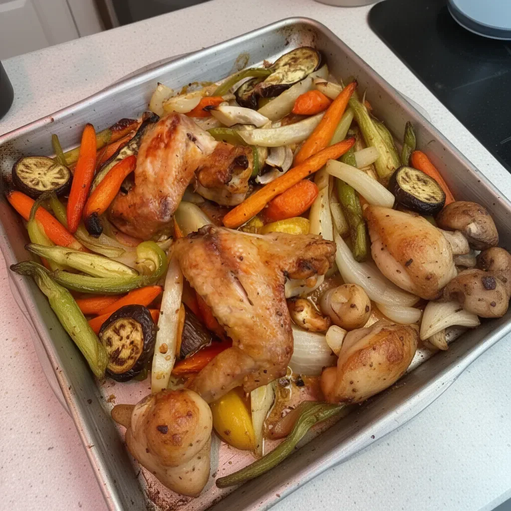 Sheet pan meal featuring colorful garden vegetables and chicken for a healthy dinner.
