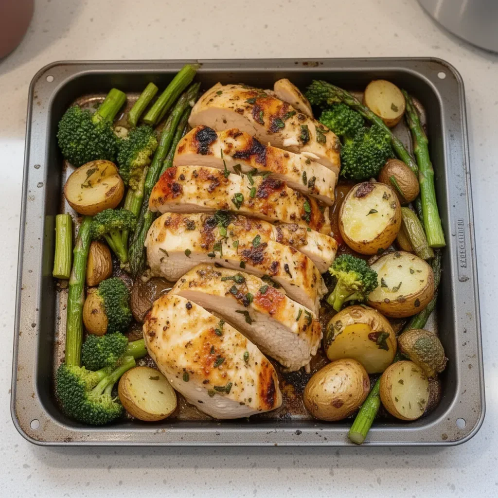 Sheet pan garlic butter chicken with colorful veggies ready to serve