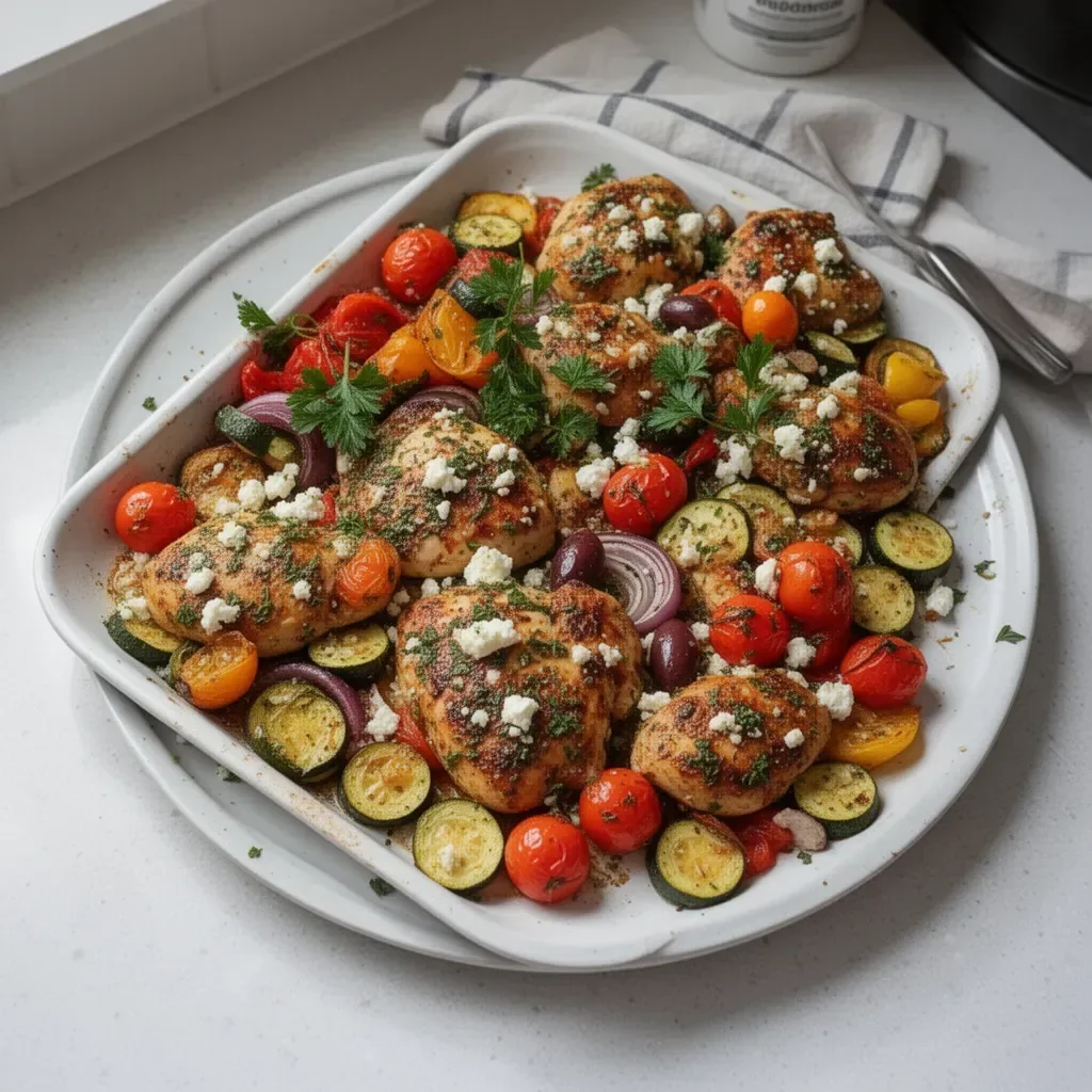 Delicious Sheet Pan Greek Chicken and Veggies ready to serve